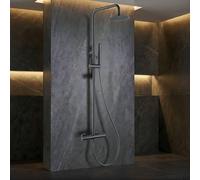 IMEX - Columna Ducha Negra Termostatica con Grifo | Conjunto de Ducha con Alcachofa y Rociador Antical Efecto Lluvia | Griferia en Latón y Acero Inox S.304 con Barra Extensible | Serie Nápoles