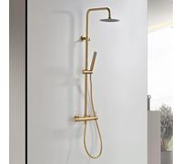 IMEX - Columna Ducha Oro Cepillado Monomando con Grifo | Conjunto de Ducha con Alcachofa y Rociador Antical Dorado | Griferia en Latón y Acero Inox S.304 con Barra Extensible | Serie Bless