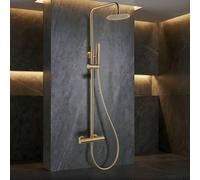 IMEX - Columna Ducha Termostatica Oro con Grifo | Conjunto de Ducha con Alcachofa y Rociador Antical Efecto Lluvia | Griferia en Latón y Acero Inox S.304 con Barra Extensible Dorada | Serie Nápoles