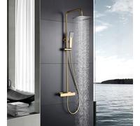 IMEX - Columna Ducha Termostatica Oro con Grifo | Conjunto de Ducha con Alcachofa y Rociador Antical Efecto Lluvia | Griferia en Latón y Acero Inox S.304 con Barra Extensible Dorada | Serie Art