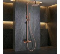 IMEX - Columna Ducha Termostatica Oro Rosa con Grifo | Conjunto de Ducha con Alcachofa y Rociador Antical Efecto Lluvia | Griferia en Latón y Acero Inox S.304 con Barra Extensible | Serie Nápoles