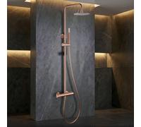 IMEX - Columna Ducha Termostatica Oro Rosa con Grifo | Conjunto de Ducha con Alcachofa y Rociador Antical Efecto Lluvia | Griferia en Latón y Acero Inox S.304 con Barra Extensible | Serie Génova