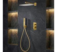 IMEX - Ducha Empotrada Monomando Dorada | Conjunto de Grifería Empotrado con Alcachofa y Rociador Antical Efecto Lluvia | Columna Ducha Empotrada con Grifo en Latón y Acero Inox S.304 | Serie Toscana
