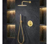 IMEX - Ducha Empotrada Monomando Dorada | Conjunto de Grifería Empotrado con Alcachofa y Rociador Antical Efecto Lluvia | Columna Ducha Empotrada con Grifo en Latón y Acero Inox S.304 | Serie Génova
