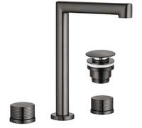 IMEX - Grifo de Lavabo Bimando con Doble Manija Black Gun Metal, Mezclador con dos asas, grifo de 3 Agujeros para Sobre Encimera con Caño Alto, Dos Mandos de Agua Fría y Caliente + Válvula Clic-Clac