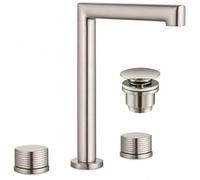 IMEX - Grifo de Lavabo Bimando con Doble Manija Niquel Cepillado, Mezclador con dos asas, grifo de 3 Agujeros para Sobre Encimera con Caño Alto, Dos Mandos de Agua Fría y Caliente + Válvula Clic-Clac