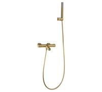 IMEX - Grifo Ducha Termostatico con Alcachofa y Flexo Grifo de Bañera y Ducha con Soporte para Alcachofa Grifería Ducha con Caudal de 12L/min Serie Monza Color Oro Cepillado