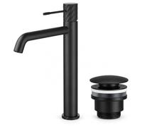 IMEX - Grifo Lavabo Alto Monomando - Negro Mate - Grifo de Baño para Lavabo Sobre Encimera y Sobreponer, Cuerpo de Latón, Caño Alto, Válvula de Desagüe Incluida