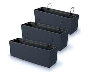 IMJ-Global Urbi - Juego de 3 macetas rectangulares para flores, de plástico, 58 x 18,5 x 19,5 cm, para interior y exterior, color negro, volumen 18 litros, diseño moderno