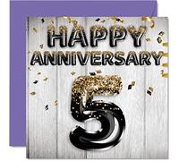 Impresionante tarjeta de aniversario de madera para marido, novio, esposa, novia, globos negros y dorados con purpurina, tarjetas de feliz 5º aniversario de la familia, tarjetas de felicitación de 5.7