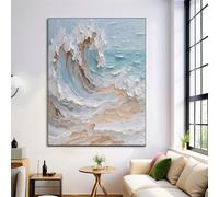 Impresiones Lienzo Artísticas De Pared De Relieve Playa Olas 3D, Textura Pintura Al Óleo Azul Claro, Posters En Cuadro Lienzo Para Decoración De Sala De Estar Y Dormitorio, Sin Marco, 80X120Cm