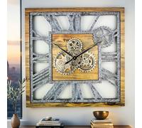 ImprovingLife El Reloj de Engranajes 61 cm Cuadrado con Engranaje de Movimiento Real, Pared, Estilo Vintage, Industrial, Granja Rústica, de Gran Tamaño (Madera y Piedra)