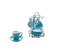 Imusa Juego de 8 tazas y platillos de espresso azul y blanco de 3 onzas con estante de almacenamiento