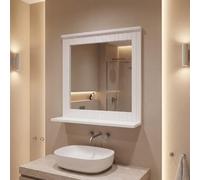 INDE MOBLEKIT | Espejo de Pared para Lavabo con Marco de Madera Blanco y Repisa Inferior, 50x13x53 cm, Espejo Baño Estilo Nórdico Acabado Mate, Decoración y Almacenaje para Aseo o Entrada