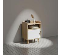 INDE MOBLEKIT | Mesita Auxiliar Alta con Puerta Blanca y Estante Abierto, 40x30x55 cm, Mueble Estilo Nórdico para Dormitorio o Salón, Mesilla de Noche Madera Compacta, Mesa de Cabecera