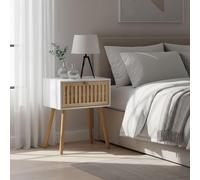 INDE MOBLEKIT | Mesita de Noche Blanca con Cajón de Listones Bambú, 40x30x52 cm, Mesilla Estilo Nórdico para Dormitorio o Salón, Mesa Auxiliar Madera Compacta, Mesitas de Noche Modernas