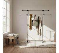 INDE MOBLEKIT | Perchero Doble Extensible Metálico 80-150x42x90-160 cm con Ruedas, Burro Ropa Ajustable con Estante Inferior, Perchero de Pie para Dormitorio, Entrada y Decoración Hogar