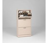 INDE MOBLEKIT | Zapatero 3 Niveles 60×24×115 cm Acabado Slat, Mueble Zapatero Entrada Estrecho con Puertas Abatibles, Organizador de Zapatos para Recibidor o Dormitorio