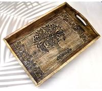 India House - India House Bandeja de madera para servir con asas, bandeja rectangular hecha a mano de 15 x 10 pulgadas para aperitivos, café, té, cena y desayuno, plato rústico para cocina y comedor