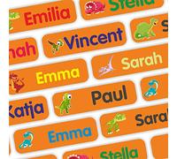 INDIGOS UG® Etiquetas engomadas del nombre Spezial - 35-105 piezas - 35x10mm - Dinosaurios - naranja - Etiquetas para ropa - niños, escuela y jardín de infantes - bolígrafos, estuches de lápices
