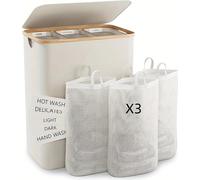 INF Cesto de lavandería multifuncional con 3 bolsas de malla y etiquetas de clasificación - Cesta de almacenamiento plegable de tela Oxford Blanco