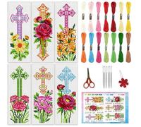 INFUNLY Kit de 6 marcadores de punto de cruz con flores de cruz, kit de marcapáginas de bordado floral, kit de punto de cruz de 3 x 8.5 pulgadas con patrón preimpreso, manualidades para amantes de los
