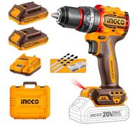Ingco Cidli20668e - Taladro atornillador de percusión (20 V, sin escobillas 66 nm, compacto con 2 baterías de 2 Ah y maletín