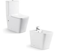 INODORO Completo con BIDET, Inodoro y Bidet Blanco, Pack Wc Inodoro, Retrete con Bidet para Hogar, Sistema Rimless Antibacterias, Tapa Dura Extrafina Amortiguada, Salida Dual