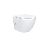 Inodoro de pared con bidé y función de taharet, fabricado en cerámica, con grifo de acero inoxidable para agua fría y caliente. Tapa con sistema de cierre suave y descarga sin borde