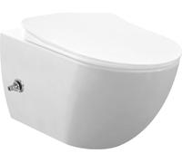 Inodoro de pared con bidet integrado de la marca RIMOFF, con boquilla de acero inoxidable, grifo de agua fría, color blanco, diseño de montaje en pared, y características higiénicas
