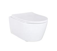 Inodoro de pared sin aro de limpieza, de color blanco, con tapa de cierre suave. Diseño moderno tipo "rim-off", higiénico y fácil de limpiar