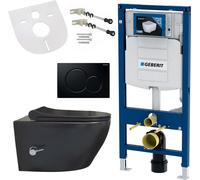 Inodoro de pared sin borde de descarga, con tapa de cierre suave, grifo y placa de accionamiento negra, compatible con los sistemas de instalación mural Geberit