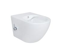 Inodoro de pared sin borde, fácil de limpiar, con bidé integrado, agua caliente y fría, sin tapa, inodoro con función de ducha, fabricado en cerámica, color blanco