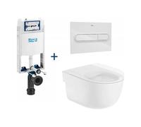 Inodoro Rimless Suspendido con Cisterna Empotrada y Placa Pulsadora Basic Meridian Roca - Tapa normal / Blanco