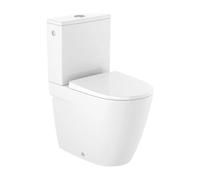 Inodoro tanque bajo con salida dual adosado a pared de color blanco Rimless Ona Roca - Con cisterna cuadrada alimentación lateral / Asiento con tapa