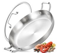 Inqibee Paellera de acero inoxidable de 13 pulgadas con tapa, sartén grande con asas dobles remachadas, paellera ancha y poco profunda para estufa, compatible con inducción, apta para horno, apta para
