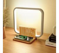 INSSISAIN Lámpara De Noche LED con Despertador, Cargador Inalámbrico 10W, Táctil Regulable con 3 Niveles de Brillo, Lámpara Moderna con Reloj para Escritorio Para Dormitorio, Salón, Oficina