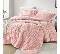 Intelligent Design Queen Comforter Set, Cozy Plush Bedding, Microfiber Reverse, 3 Piece, Lightweight, Super Soft Ribbed Velvet Comforter 2 Shams, All Season Fluffy Bed Set, Avril, Full/Queen Pink