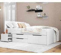 Inter Link - Cama Doble 140 x 200 cm - Cama Nido con Espacio de Almacenaje - Pino Macizo - 2 cajones Grandes y 1 cajón - Somier Incluido - Lacado Blanco - Efetivo 140 x 200 cm