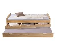 Inter Link - Cama nido - Cama con almacenaje - Cama con cajones - Banco cama - 2 camas 90x200 cm - 3 cajones - Madera maciza - Con somier - Sin colchón - Natural - Marinella 90x200 cm
