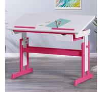 Inter Link - Escritorio Regulable en Altura - Escritorio Infantil - Escritorio Escolar - Inclinable - Soporte para Libros - Madera Maciza lacada en Blanco - Aplicaciones Rosa - Rosa/Blanco