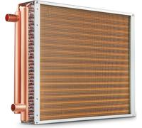 Intercambiador de calor agua-aire VEVOR, de 45,72 x 50,8 cm, con conexiones de cobre de 9,53 mm y 3 filas, y 242 aletas de aluminio. Ideal para estufas de leña, sistemas de calefacción y refrigeración