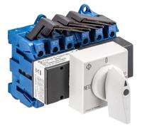 Interruptor automático de 3 polos, 25A, para conexión a la red eléctrica y a la fuente de alimentación de emergencia, ángulo de desconexión de 90°, montaje en carril DIN