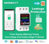 Interruptor de Circuito Inteligente WiFi MANHOT 2P 63A con Protección Contra Fugas, Temperatura, Voltaje y Corriente, Medidor de Energía, Compatible con Tuya y Alexa