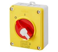 Gewiss Sectador giratorio, Hp, emergencia, caja de material aislante, 32A 4P, pomo rojo candado, IP66/67/69