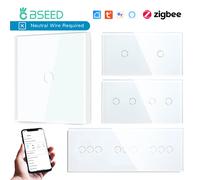 Interruptores de pared BSEED Zigbee, interruptor de luz con pantalla táctil inteligente, 1/2/3 entradas, 1/2/3 vías, Control por aplicación Google Alexa Tuya, sin línea neutra Double 1Gang White Need 