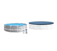 Intex 26716NP - Piscina Redonda Desmontable intex Prisma Frame 366x99 cm con depuradora & 28031 - Cobertor para Piscinas Desmontables Metal y Prism Frame 366 cm, Color Azul Marino