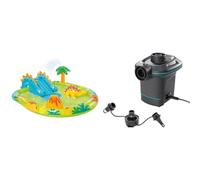 INTEX 57166 - Piscina Infantil Hinchable con dispersor de Agua y tobogán Dinosaurio, Centro de Juegos para niños & Intex 66640 - Bomba eléctrica invertible con boquillas 220-240V, Color Azul