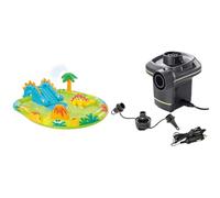 INTEX 57166 - Piscina Infantil Hinchable con dispersor de Agua y tobogán Dinosaurio, Centro de Juegos para niños & Intex 66634 - Inflador eléctrico con adaptadores 220-240V, Color Amarillo