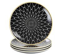 INTIRILIFE 4x Plato de porcelana en Conectado - Negro y Blanco - Diámetro 20.5 cm - Plato de desayuno, plato de postre, plato de servir para ensalada, fruta, pasta, postre, plato principal y snacks